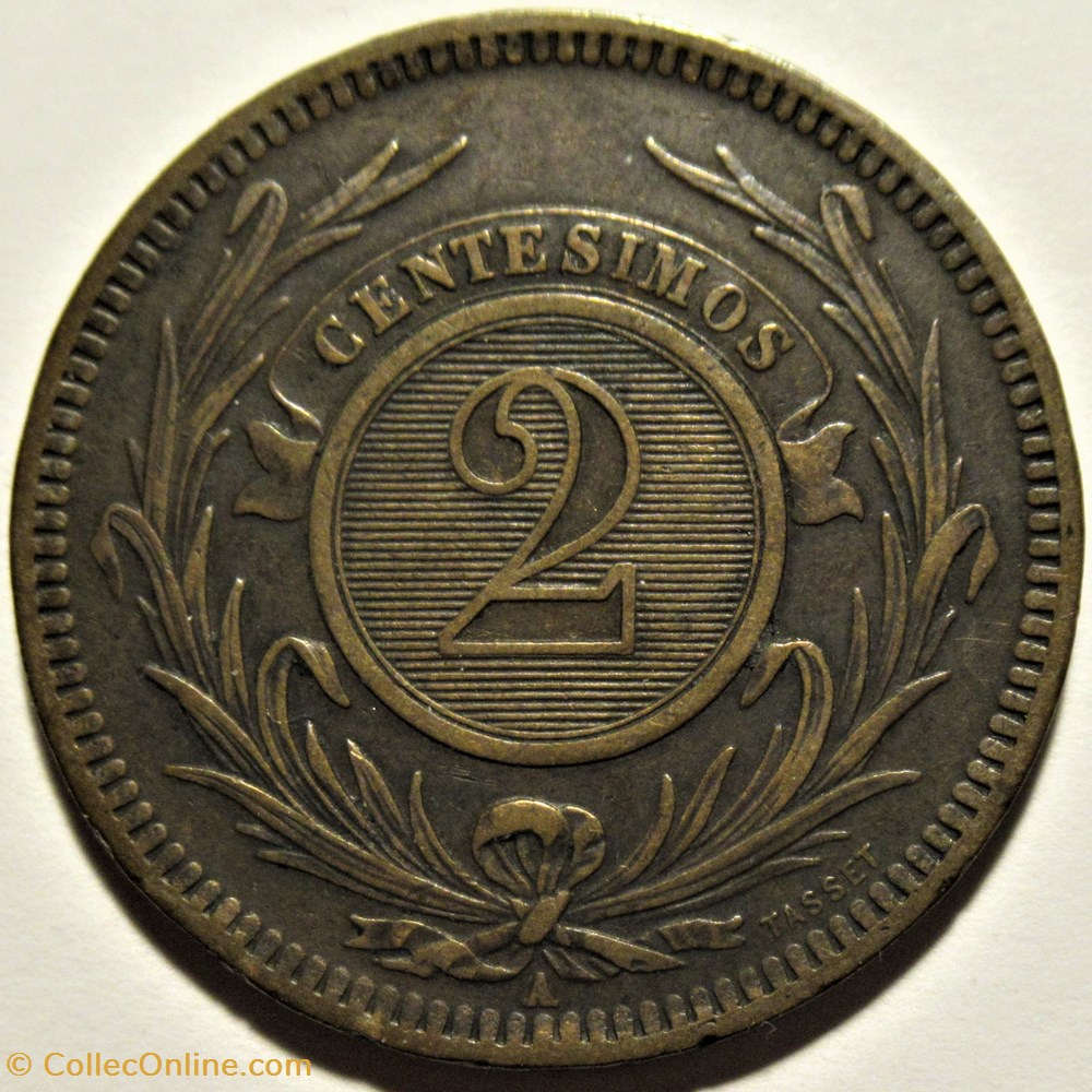 Uruguay - 2 Centésimos 1869 Paris 3 monnaies monde uruguay 2 centesimos 1869 paris