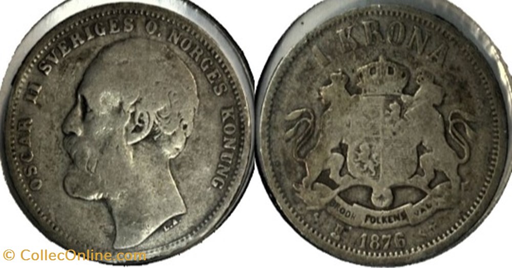 Sweden - Oskar II - 1 Krona 1876/75 Overdate monnaies monde suede sweden oskar ii 1 krona 1876 75 overdate