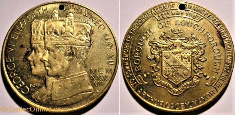 George VI & Elizabeth - 1937 Coronation Gilt Medal of Loughborough, UK monnaie jeton mereaux george vi elizabeth 1937 coronation gilt medal of loughborough uk
