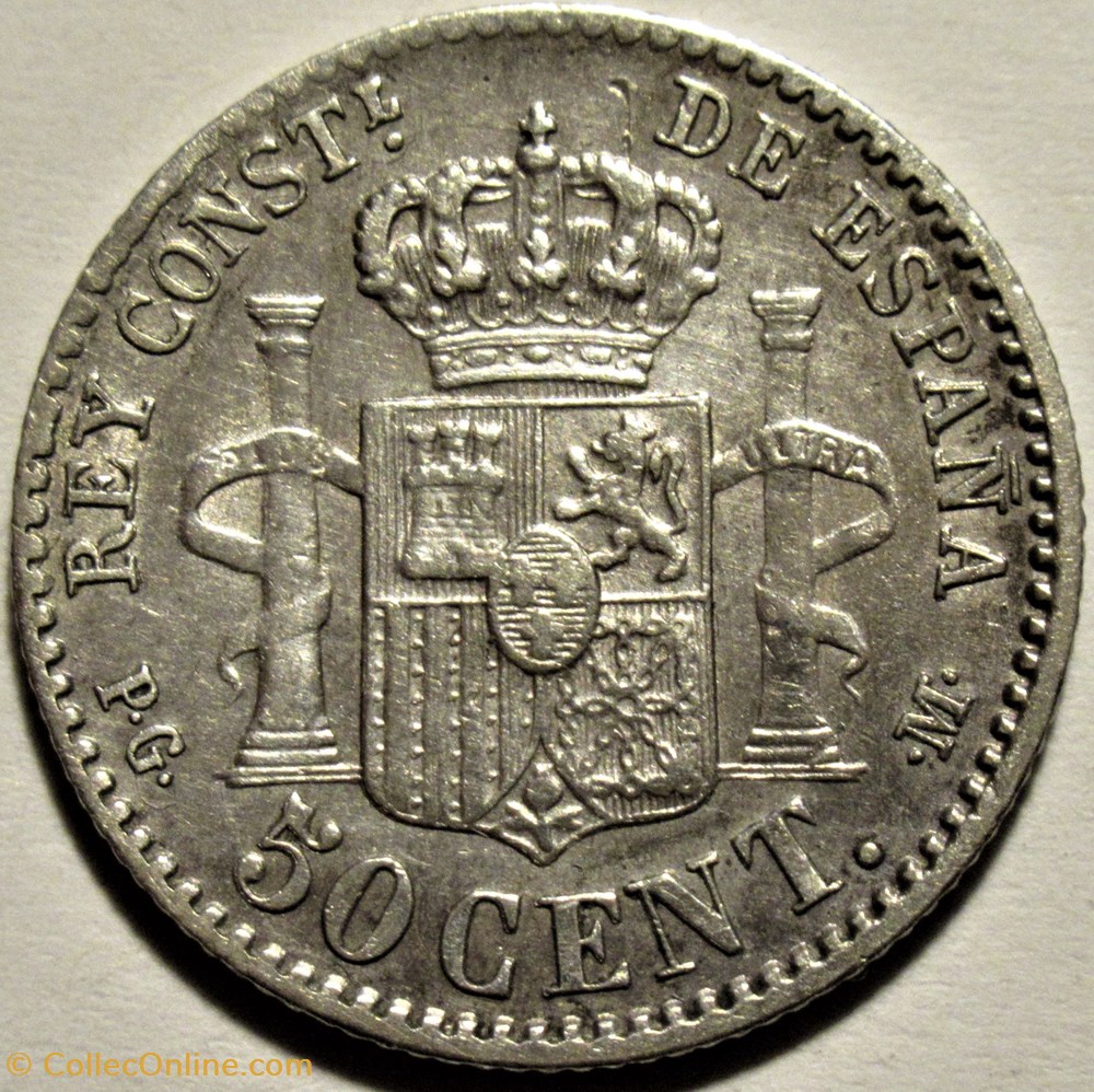 1892 - 50 Centimos - Alfonso XIII de España 3 monnaies monde espagne 1892 50 centimos alfonso xiii de espana