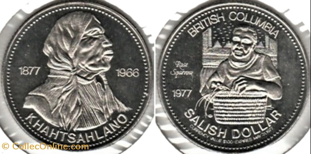 Salish Trade Dollar Token 1977 Rose Sparrow - British Colombia monnaies jetons mereaux salish trade dollar token 1977 rose sparrow british colombia