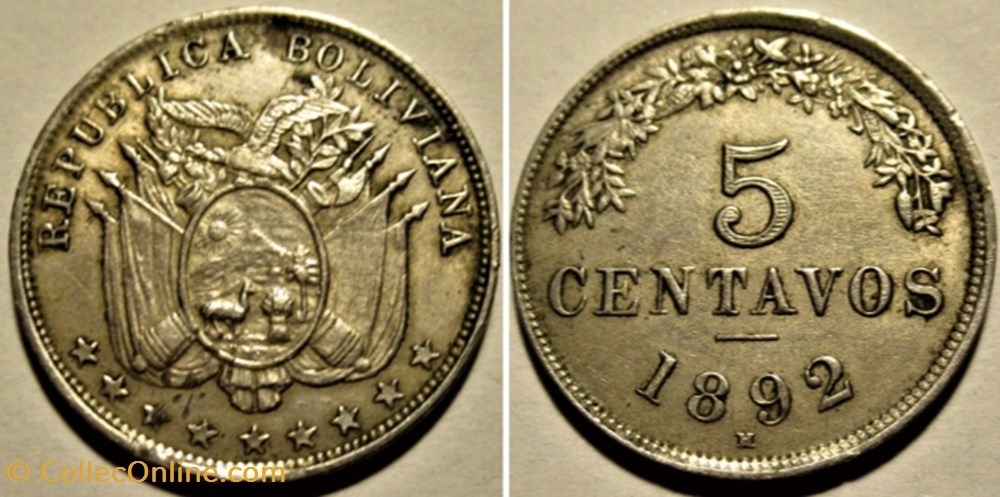 1892 Heaton - 5 Centavos monnaies monde bolivie 1892 heaton 5 centavos