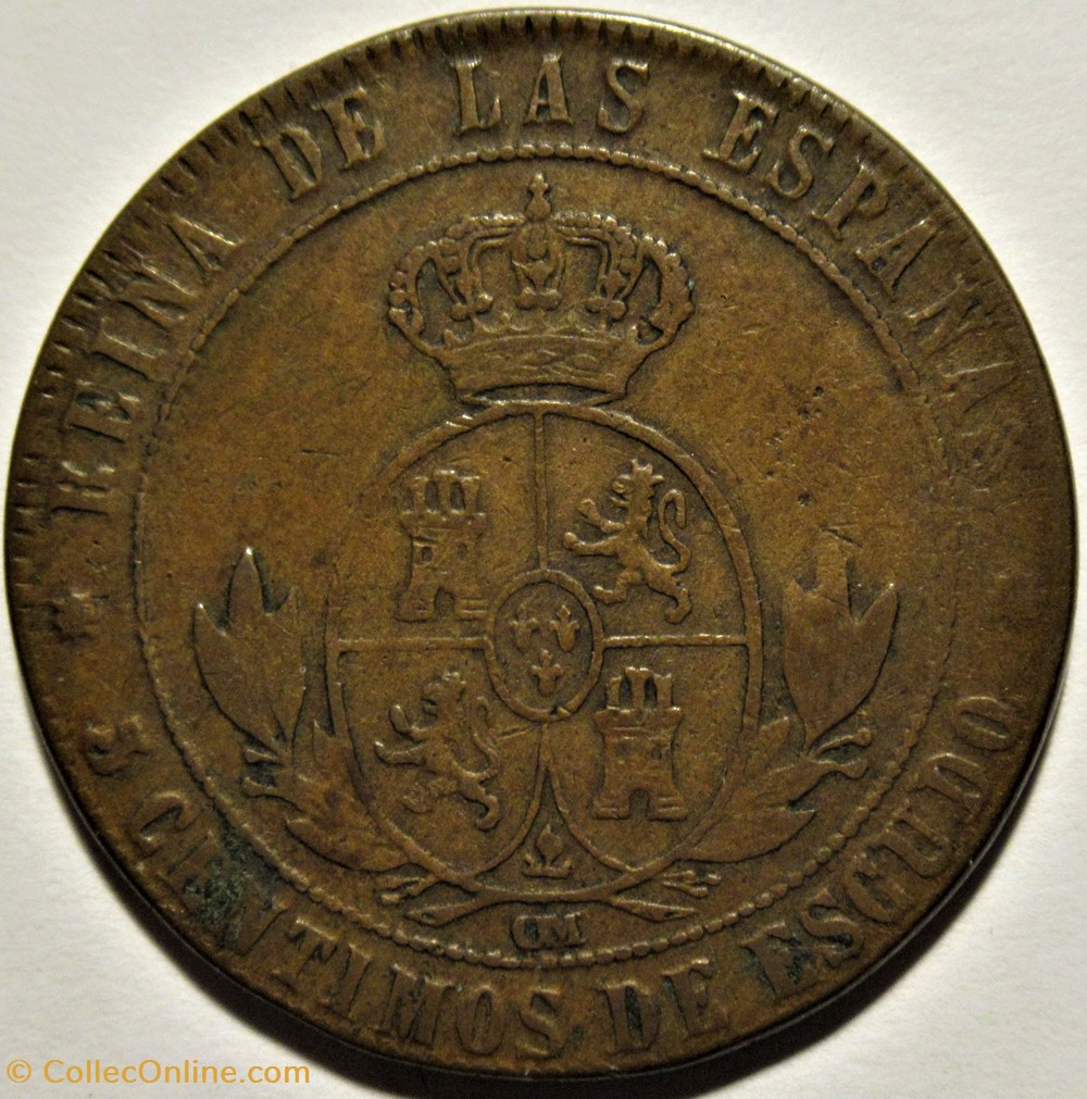 monnaies monde espagne 1868 barcelona 5 centimos isabel ii de espana rippled coin