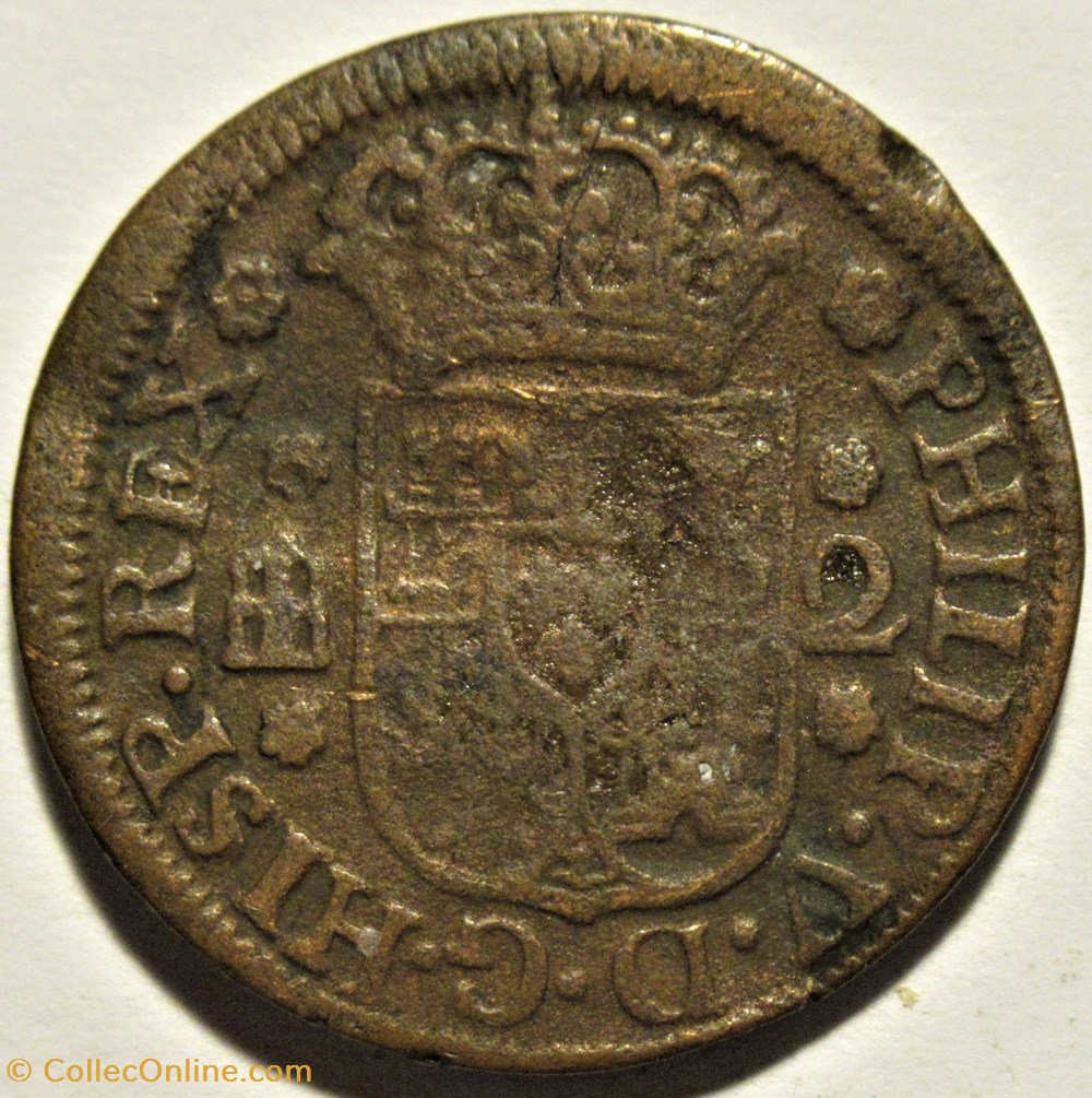 1745 Segovia, 2 Maravedis - Felipe V 2 monnaies europe medievale royaume espagne 1745 segovia 2 maravedis felipe v