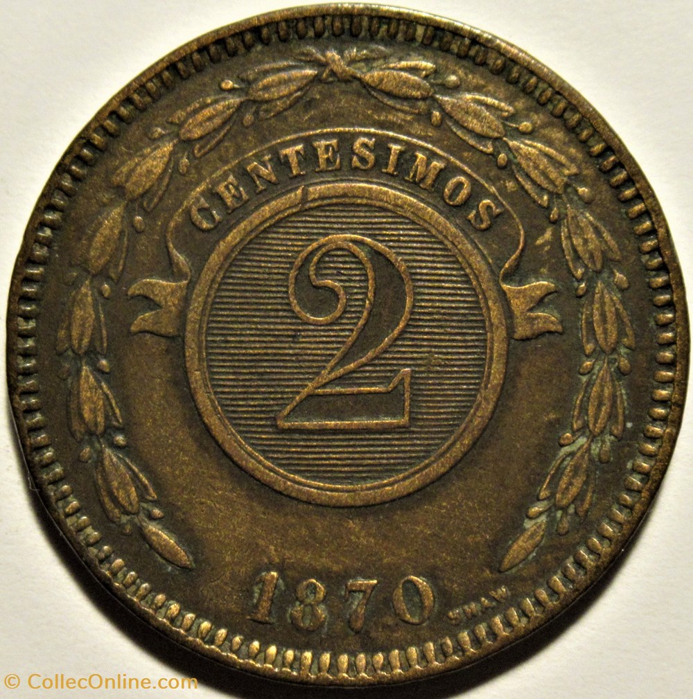 Paraguay - 2 Centésimos 1870 (ex.2) 3 monnaies monde uruguay paraguay 2 centesimos 1870 ex 2