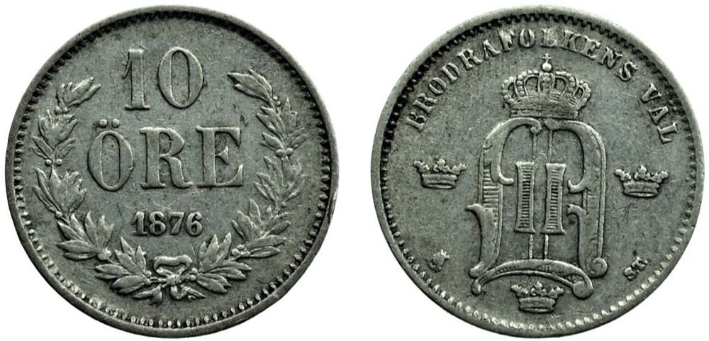 Sweden - Oskar II - 10 Öre 1876/5 - Overdate monnaies monde suede sweden oskar ii 10 ore 1876 5 overdate