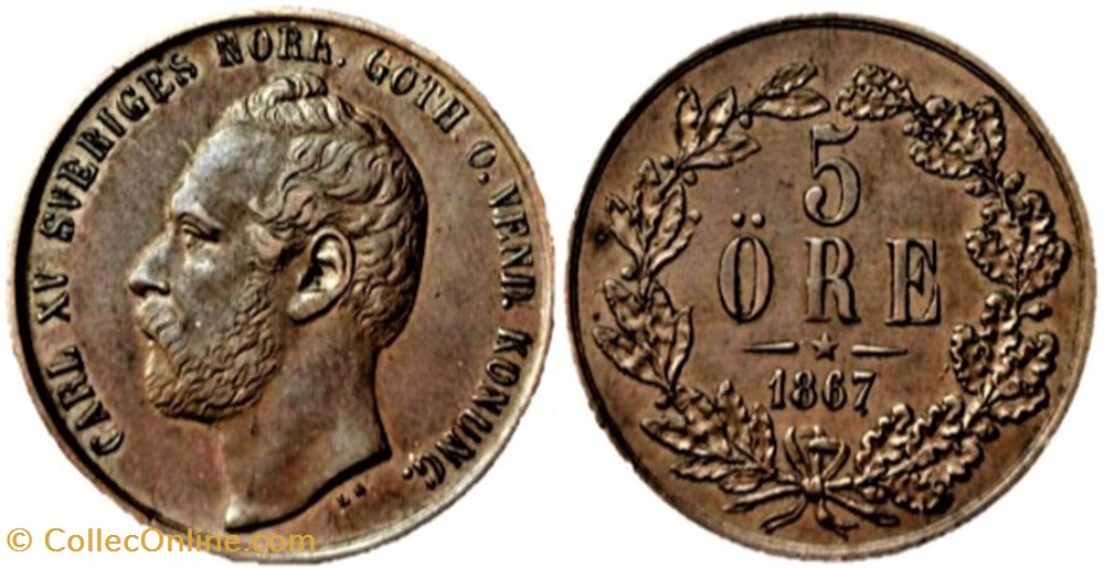 Sweden - Carl XV - 5 Öre 1867 monnaies monde suede sweden carl xv 5 ore 1867