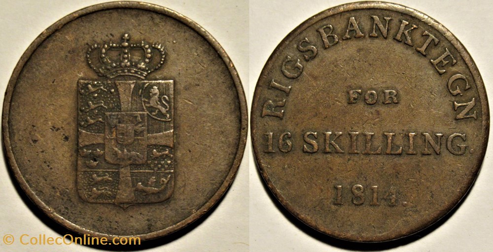 Frederik VI Denmark - 16 Skilling Rigsbank Token 1814 monnaies monde danemark frederik vi denmark 16 skilling rigsbank token 1814