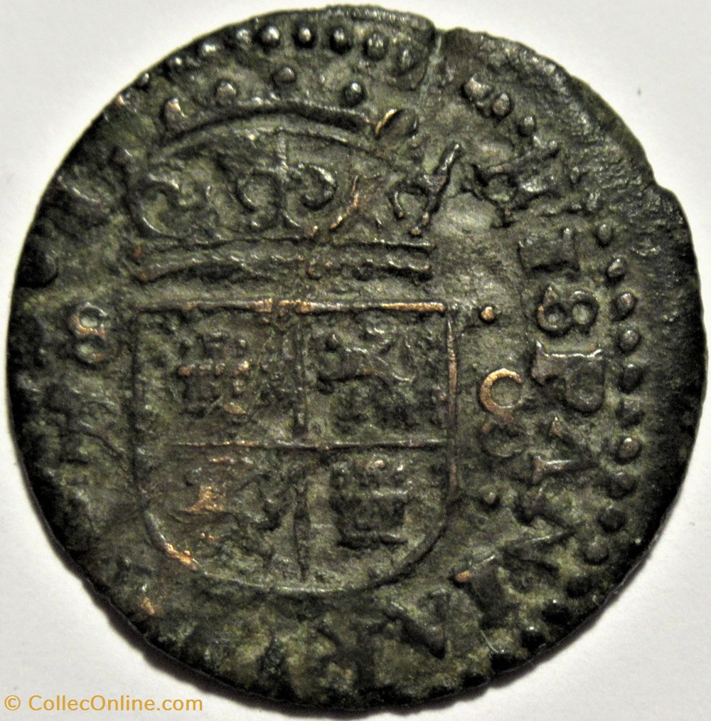 1661 Sevilla - 8 Maravedis - Felipe IV de España - (ex.2) 3 monnaies monde espagne 1661 sevilla 8 maravedis felipe iv de espana ex 2