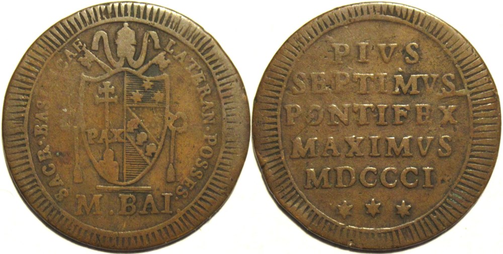 Pius VII, Pope - Mezzo Baiocco 1801 - Papal States monnaies monde vatican pius vii pope mezzo baiocco 1801 papal states