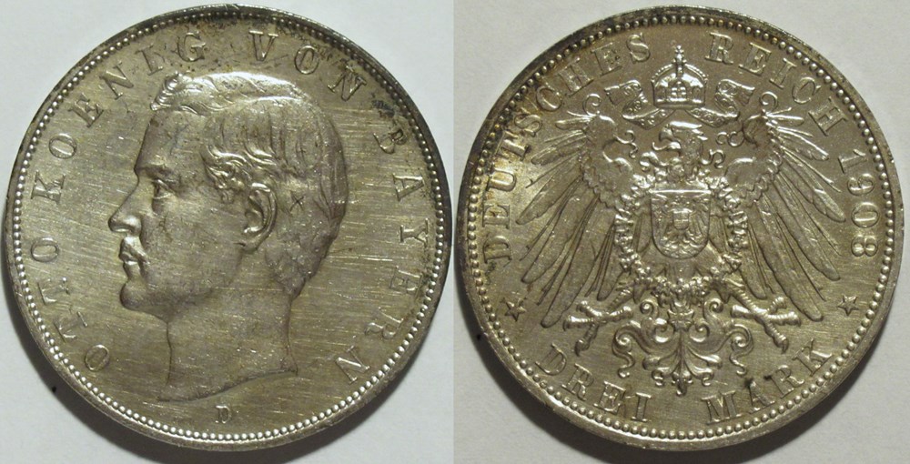 Otto - 3 Mark 1908 - Kingdom of Bavaria monnaies europe medievale saint empire romain germanique otto 3 mark 1908 kingdom of bavaria
