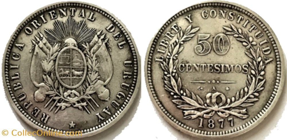 Uruguay - 50 Centesimos 1877 A monnaies monde uruguay 50 centesimos 1877 a