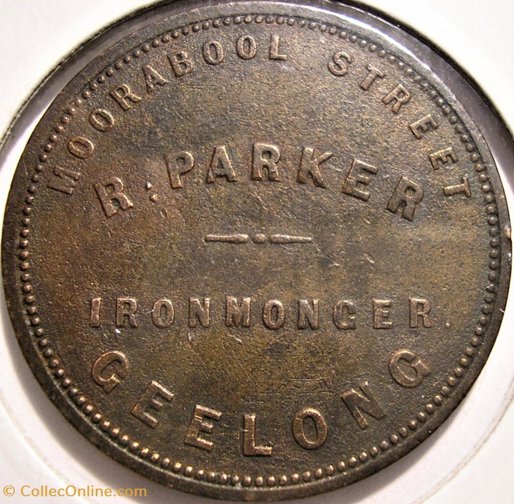 1857 One Penny Token R. Parker - Geelong, Victoria, Australia monnaies monde australie 1857 one penny token r parker geelong victoria australia