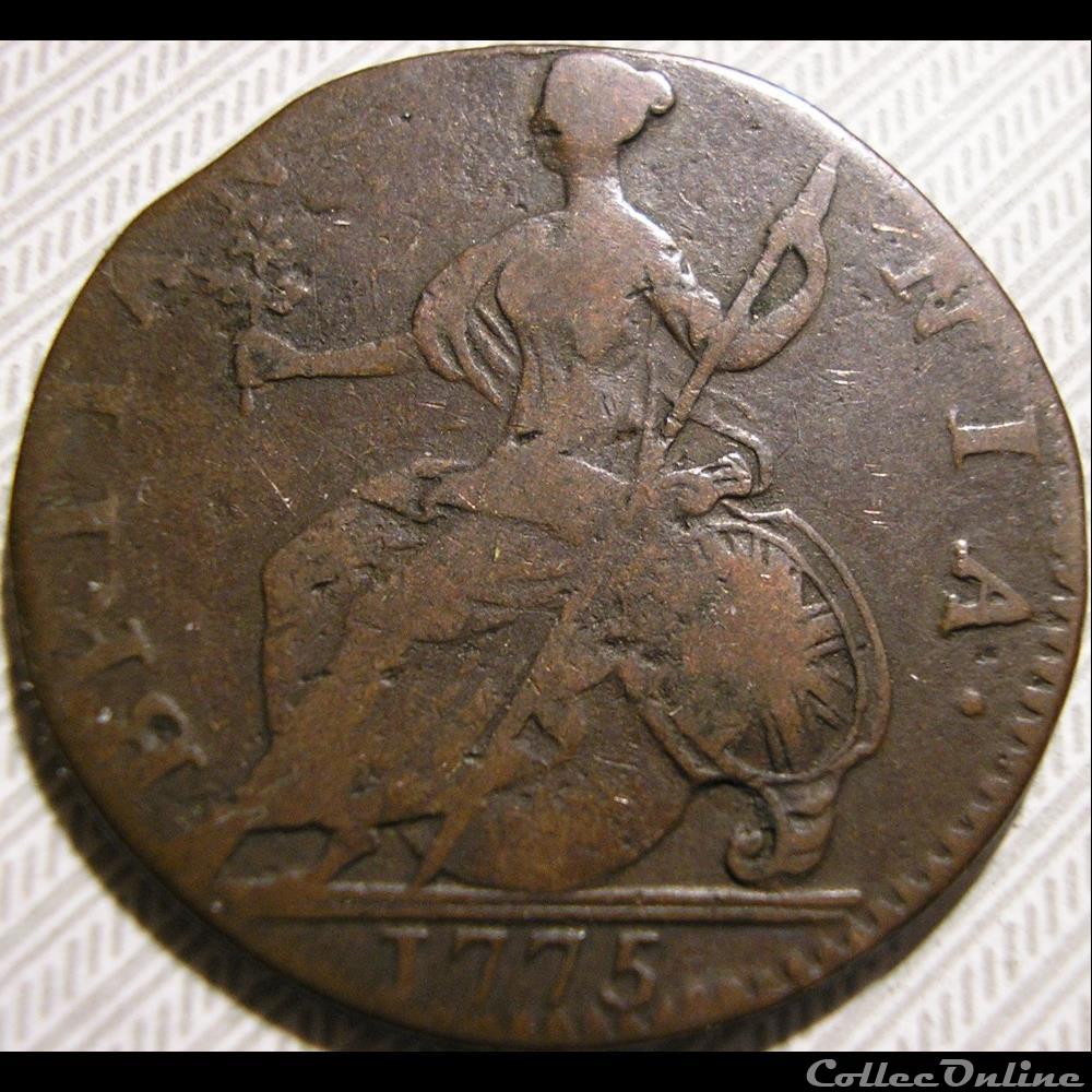 1775 Half Penny No Regal - George III of Great Britain (Ex.8) 2 monnaie monde etat uni 1775 half penny no regal george iii of great britain ex 8