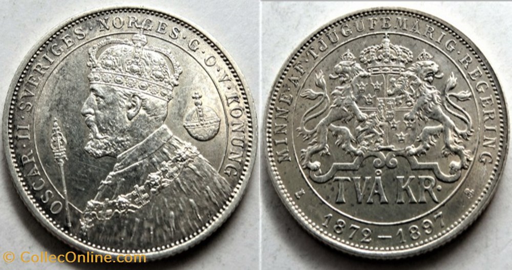 Oskar II of Sweden - 2 Kronor 1897 - Silver Jubilee monnaies monde suede oskar ii of sweden 2 kronor 1897 silver jubilee