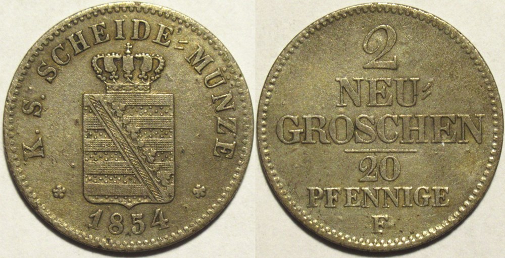 Friedrich August II - 2 Neu-Groschen 1854, Kingdom of Saxony monnaies europe medievale saint empire romain germanique friedrich august ii 2 neu groschen 1854 kingdom of saxony