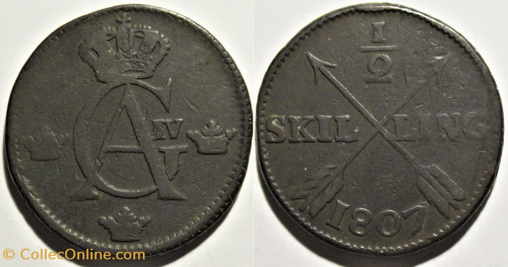 monnaies monde suede sweden gustav iv adolf 1 2 skilling 1807