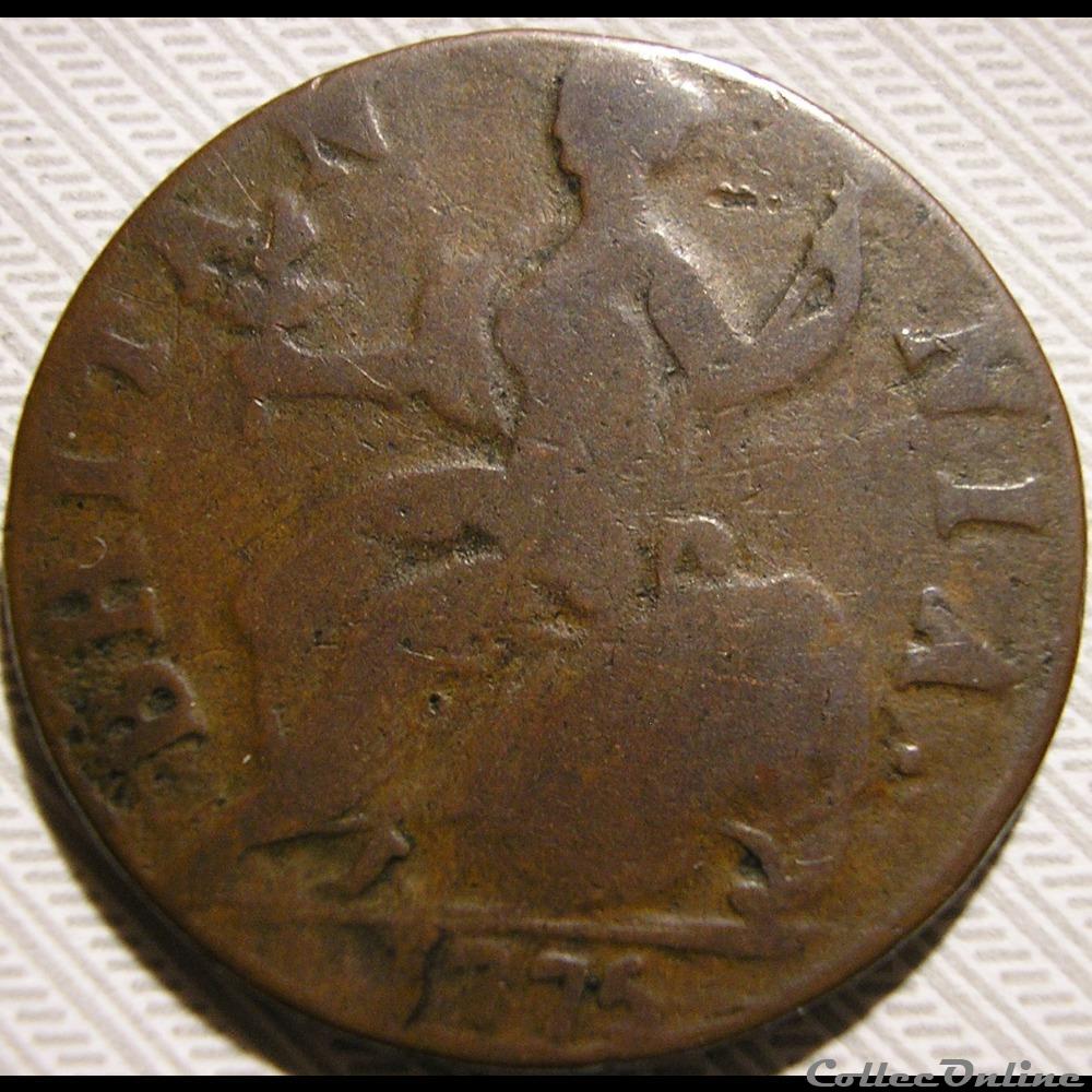 1775 Half Penny No Regal - George III of Great Britain (Ex.9) 2 monnaie monde etat uni 1775 half penny no regal george iii of great britain ex 9