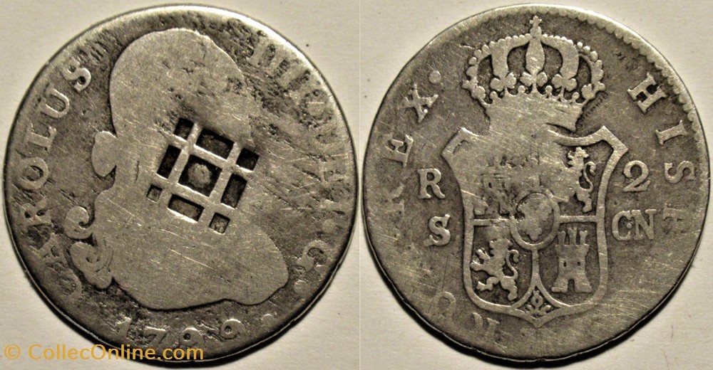 1799 - 2 Reales Sevilla - Carlos IV de España - Countermarked (Lattice, 1841) Cuba monnaies monde espagne 1799 2 reales sevilla carlos iv de espana countermarked lattice 1841 cuba