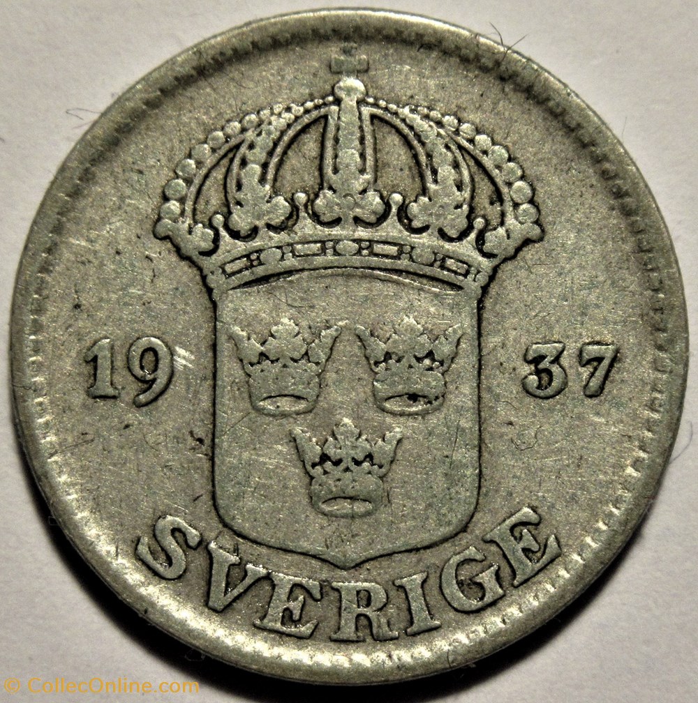 Gustaf V of Sweden - 25 Öre 1937 2 monnaies monde suede gustaf v of sweden 25 ore 1937