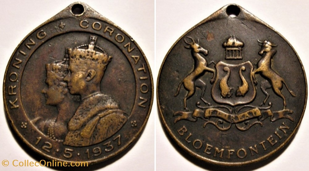 George VI & Elizabeth - Coronation 1937 Medallion - Bloemfontein Town medailles afrique du sud george vi elizabeth coronation 1937 medallion bloemfontein town
