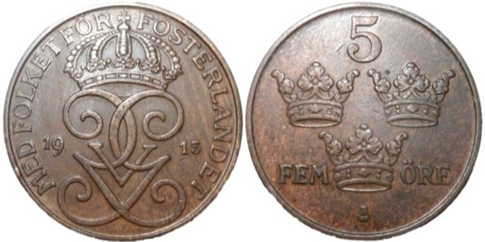 Gustaf V of Sweden - 5 Öre 1915 monnaies monde suede gustaf v of sweden 5 ore 1915