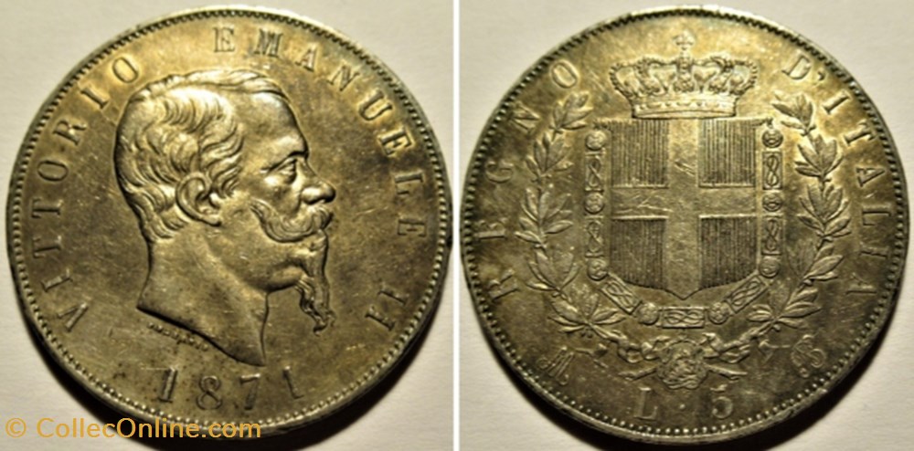 1871 Regno d'Italia - 5 Lire, Milano- Vittorio Emanuele II monnaies monde italie 1871 regno italia 5 lire milano vittorio emanuele ii
