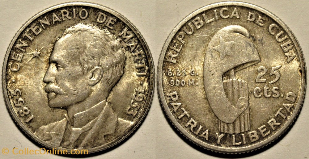Cuba - 25 Centavos 1953, José Martí 100th. Anniversary birthdate monnaies monde cuba 25 centavos 1953 jose marti 100th anniversary birthdate