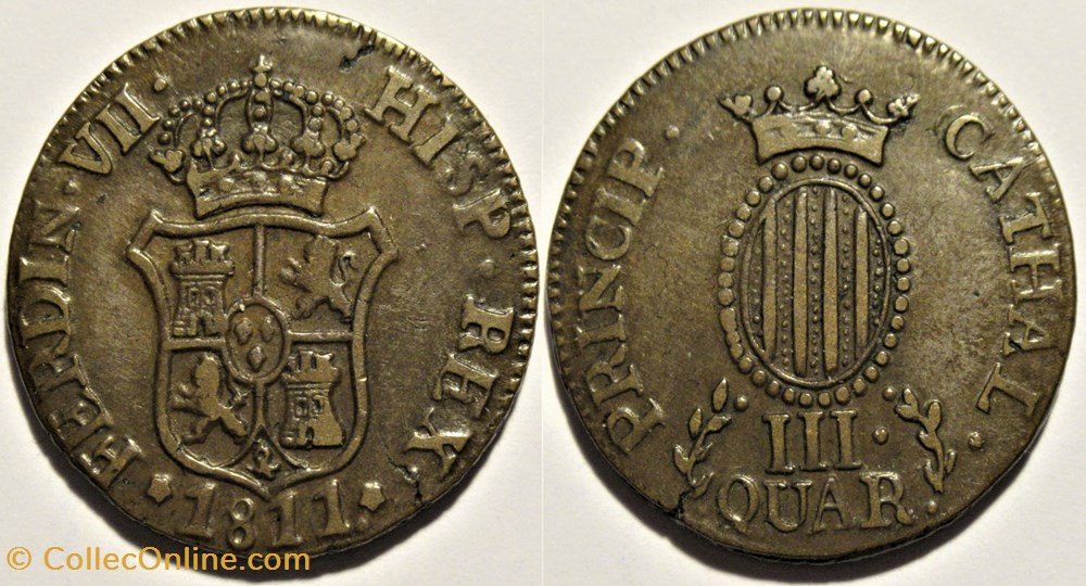 1811 Cataluña - 3 Quartos - Fernando VII de España monnaies europe medievale principaute catalogne 1811 cataluna 3 quartos fernando vii de espana