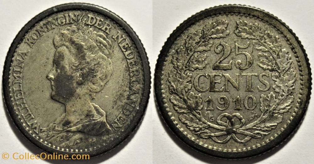 Wilhelmina of Netherlands - 25 Cents 1910 monnaies monde pays bas wilhelmina of netherlands 25 cents 1910