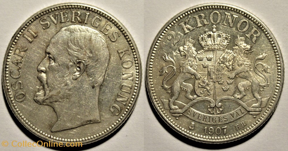 Oskar II of Sweden - 2 Kronor 1907 monnaies monde suede oskar ii of sweden 2 kronor 1907