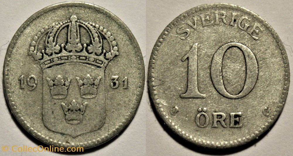 Gustaf V of Sweden - 10 Öre 1931 monnaies monde suede gustaf v of sweden 10 ore 1931