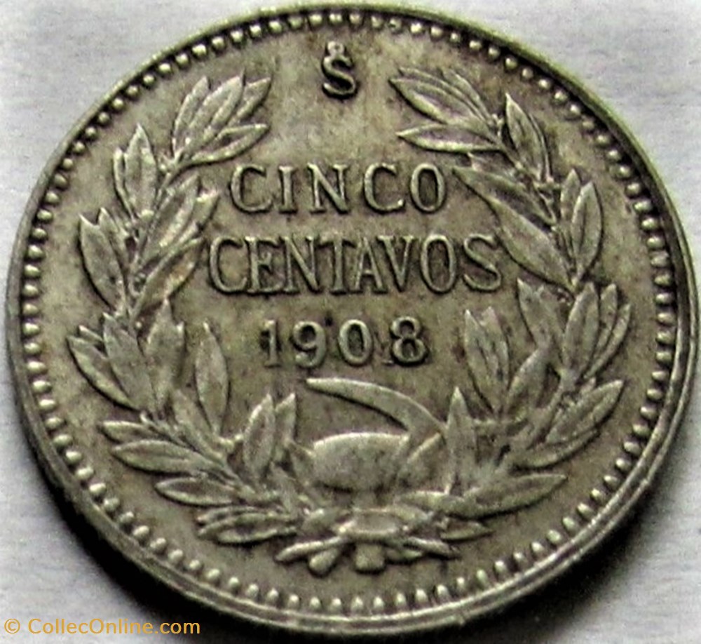 Chile - Cinco Centavos 1908 Santiago - Overdate 3 monnaies monde chili chile cinco centavos 1908 santiago overdate