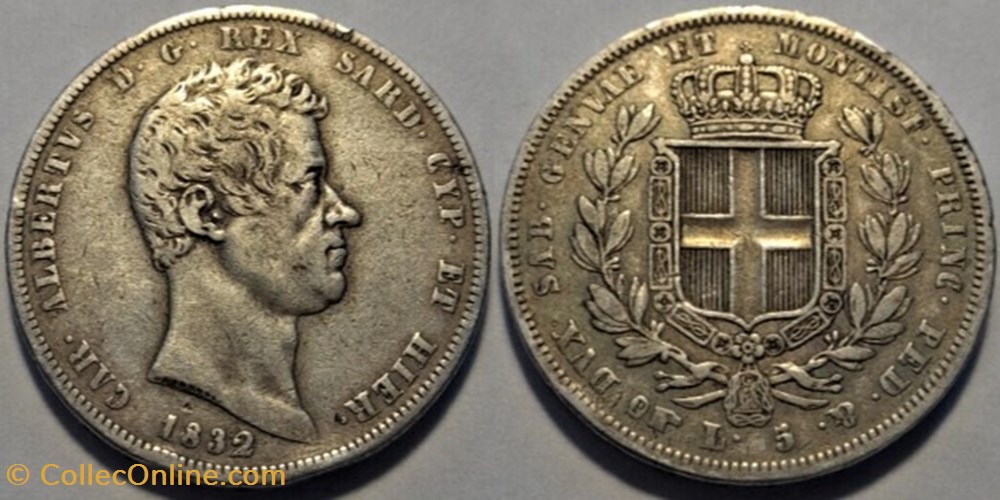 1832 Regno di Sardegna - 5 Lire, Torino - Carlo Alberto di Savoia monnaies monde italie 1832 regno di sardegna 5 lire torino carlo alberto di savoia