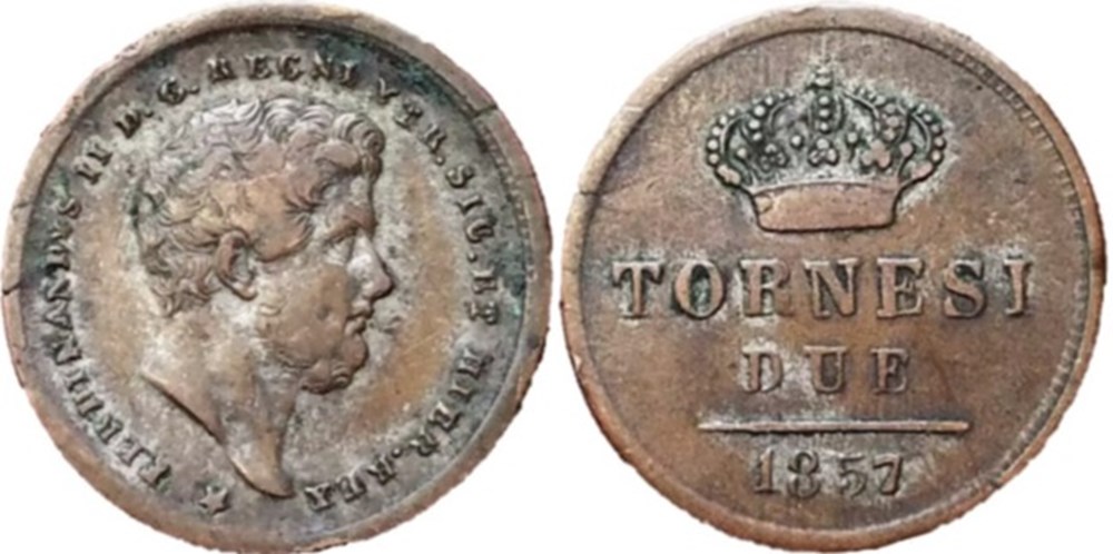 1857 Royaume de Naples, 2 Tornesi - Ferdinando II monnaies europe medievale 1857 royaume de naples 2 tornesi ferdinando ii