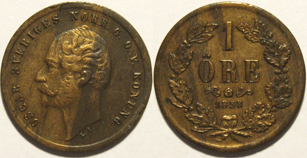 Oscar I of Sweden - 1 Öre 1858/57 monnaies monde suede oscar i of sweden 1 ore 1858 57