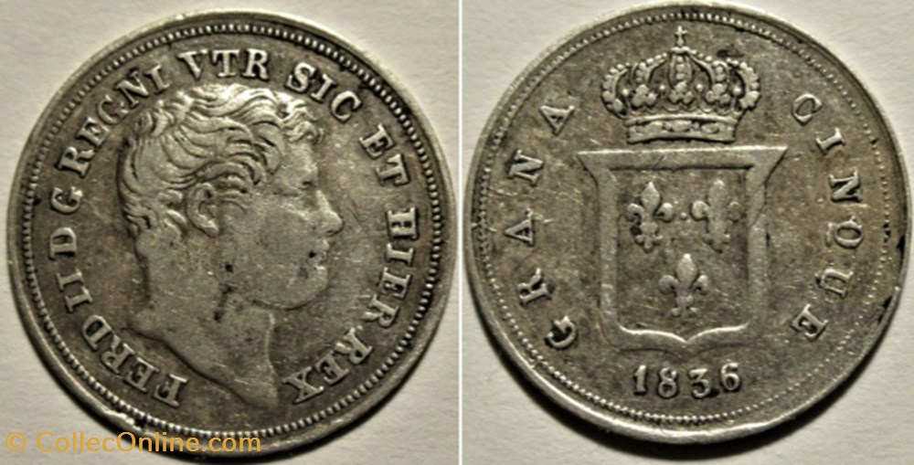 1836 Royaume de Naples, 5 Grana / Mezzo Carlino - Ferdinando II monnaies monde italie 1836 royaume de naples 5 grana mezzo carlino ferdinando ii
