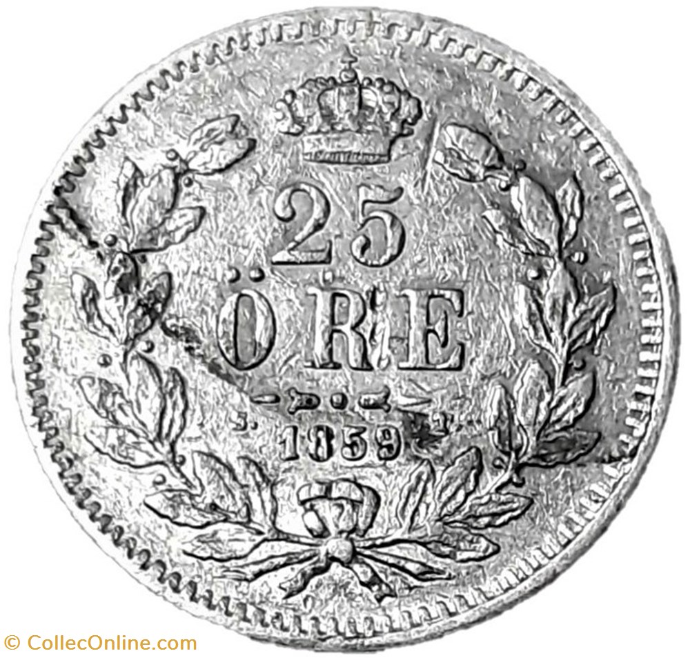 Sweden - Oscar I - 25 Öre 1859/8 - Overdate monnaies monde suede sweden oscar i 25 ore 1859 8 overdate