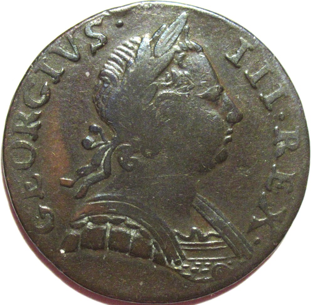 1773 Half Penny No Regal - George III of Great Britain (ex.5) monnaies monde royaume uni 1773 half penny no regal george iii of great britain ex 5