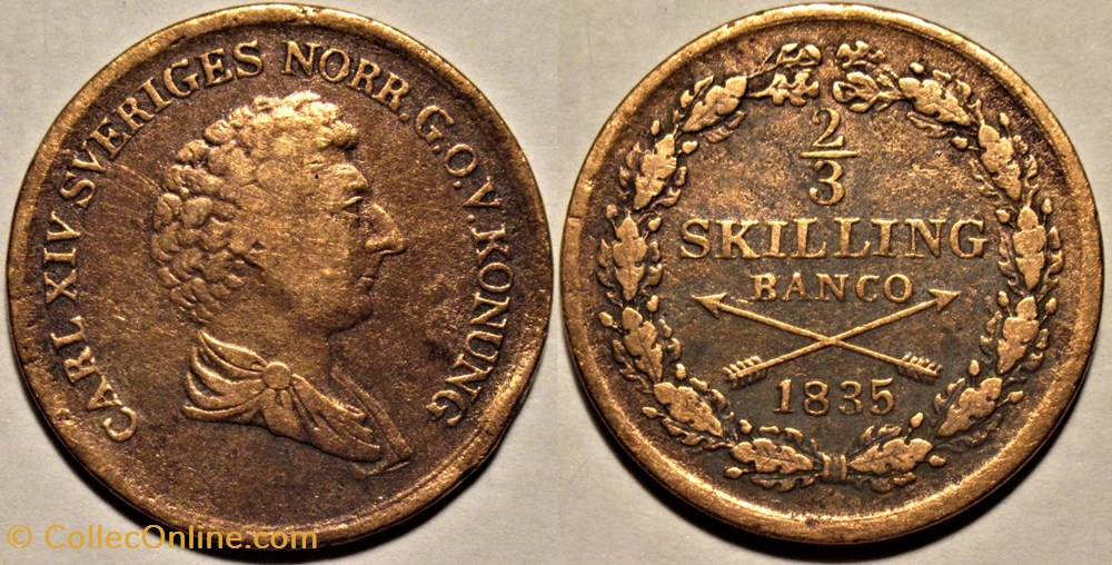 Sweden - Karl XIV Johan - 2/3 Skilling Banco 1835 monnaies monde suede sweden karl xiv johan 2 3 skilling banco 1835