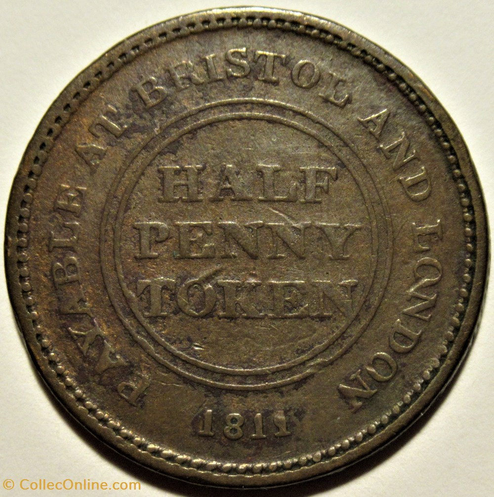 1811 HalfPenny Patent Sheathing Nail Manufactory - Bristol (var) 3 monnaies monde royaume uni 1811 halfpenny patent sheathing nail manufactory bristol var
