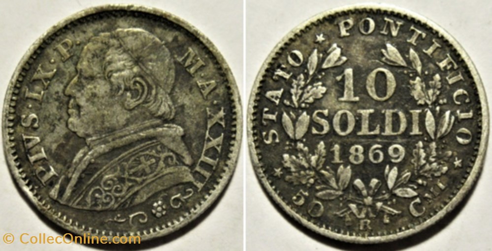 Pio IX, Pope - 10 Soldi 1869, Anno XXIII - Vaticano monnaies monde pio ix pope 10 soldi 1869 anno xxiii vaticano