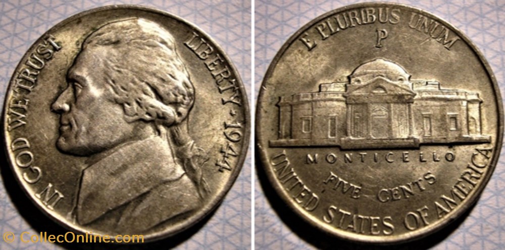 1944 Five Cents Phildelphia ("Jefferson Wartime Nickel", 1st Portrait) monnaies monde etats unis 1944 five cents phildelphia jefferson wartime nickel 1st portrait