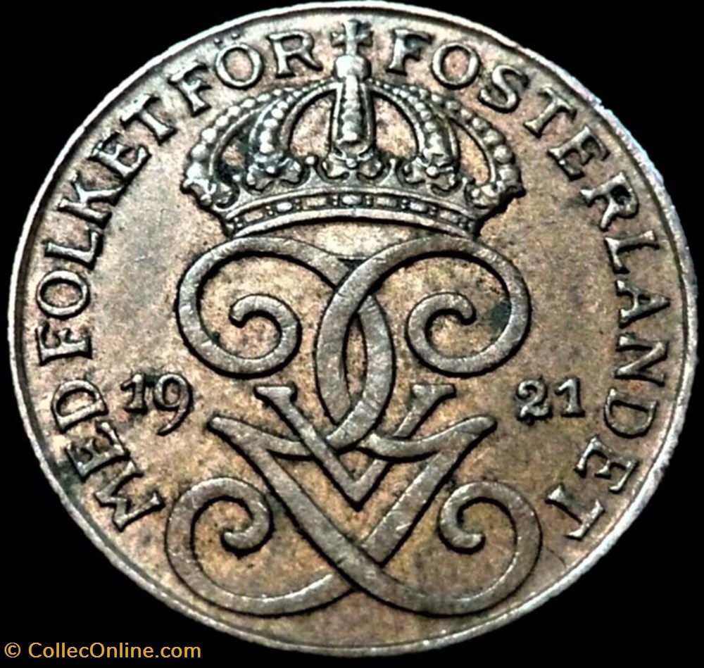 Gustaf V of Sweden - 1 Öre 1921 monnaies monde suede gustaf v of sweden 1 ore 1921