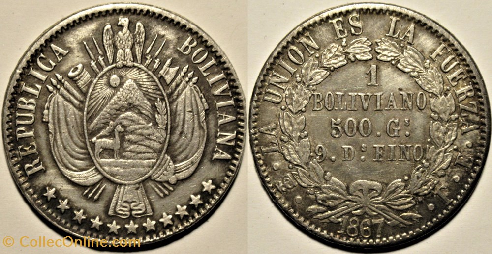 1867 FE, 1 Boliviano, Potosi monnaies monde bolivie 1867 fe 1 boliviano potosi