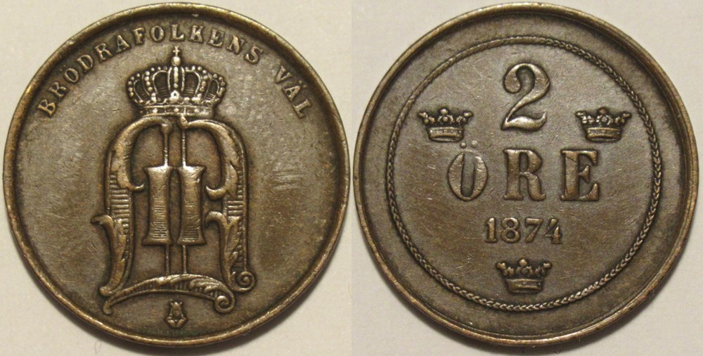 Sweden - Oskar II - 2 Öre 1874 monnaies monde suede sweden oskar ii 2 ore 1874