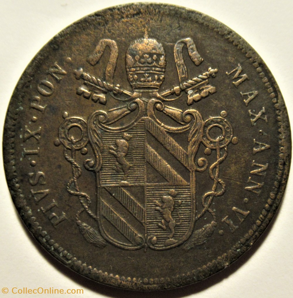 Pio IX, Pope - 2 Baiocchi 1851, Anno VI - Papal States 2 monnaies monde vatican pio ix pope 2 baiocchi 1851 anno vi papal states