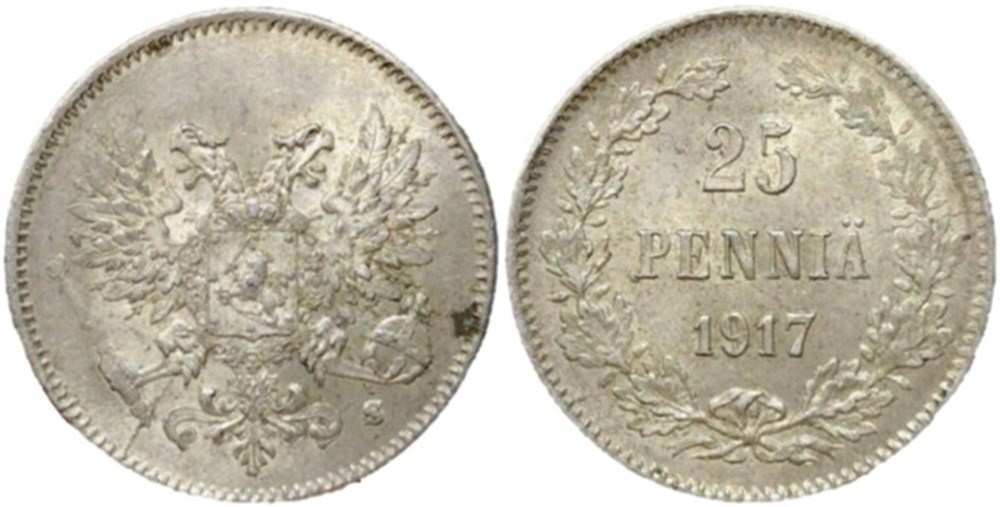 Nicholas II of Russia - 25 Penniä 1917, Grand Duchy of Finland (Civil War) monnaies monde finlande nicholas ii of russia 25 pennia 1917 grand duchy of finland civil war