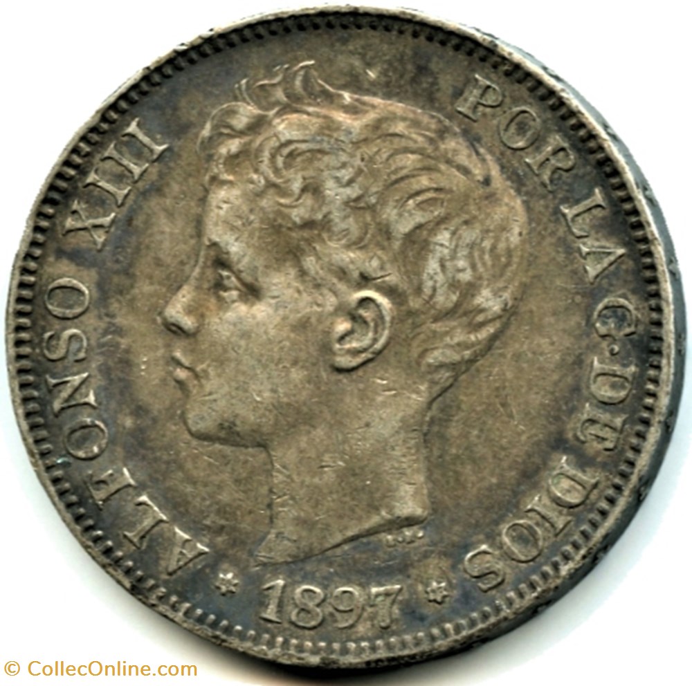 1897 - 5 Pesetas - Alfonso XIII de España 2 monnaies monde espagne 1897 5 pesetas alfonso xiii de espana