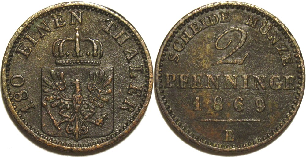 monnaies europe medievale saint empire romain germanique wilhelm i 2 pfennig 1868 1869 kingdom of prussia